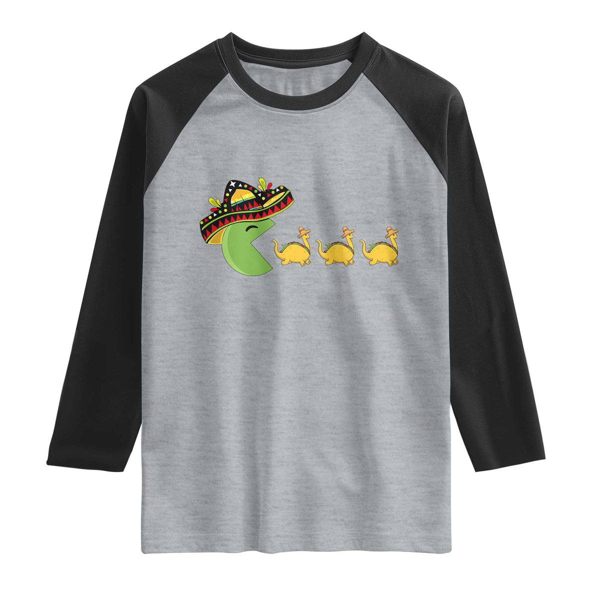 Funny Retro Game Tacosaurus Raglan Shirt Cinco De Mayo Taco Lover Gift TS12 Heather Gray Black Print Your Wear