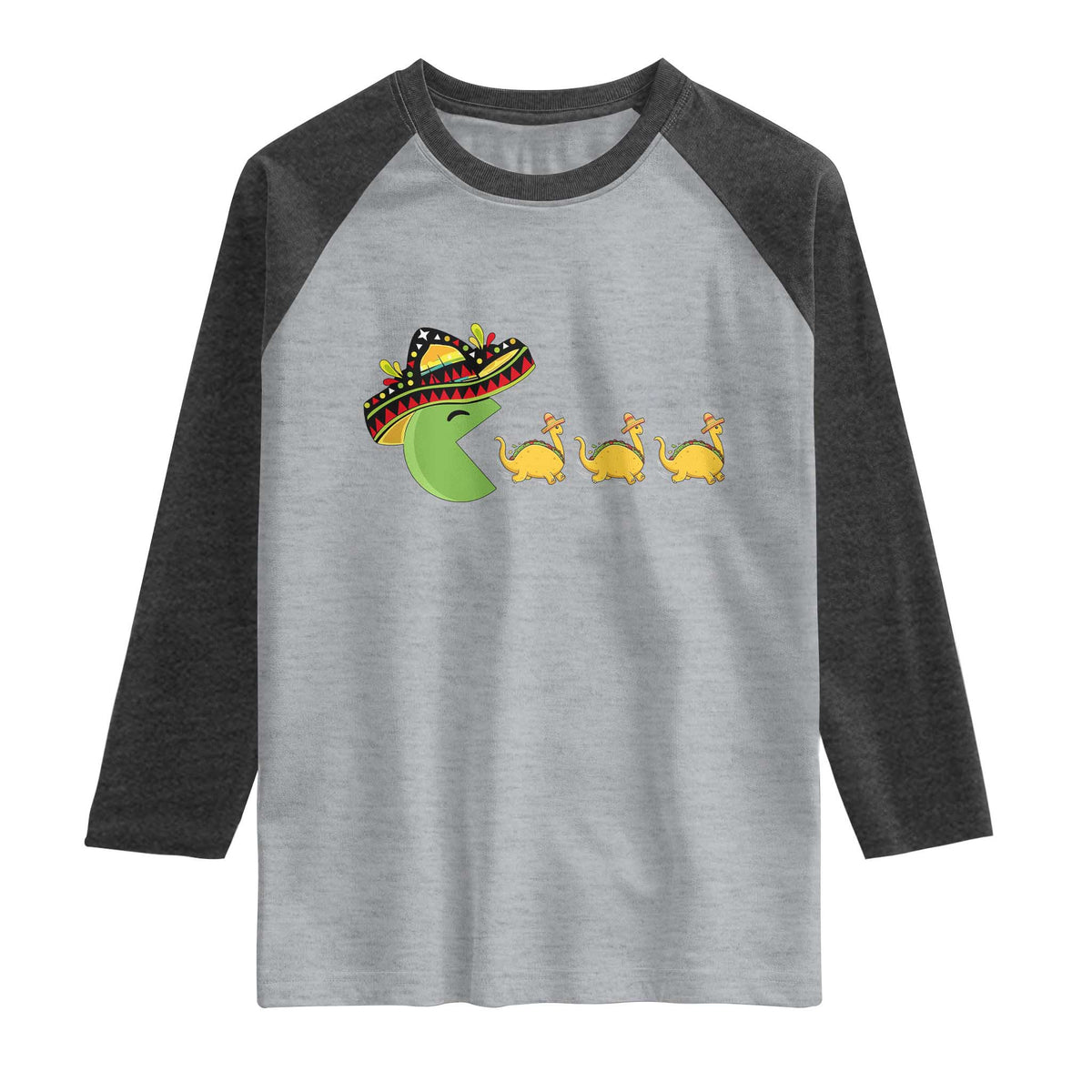 Funny Retro Game Tacosaurus Raglan Shirt Cinco De Mayo Taco Lover Gift TS12 Heather Gray Heather Charcoal Print Your Wear