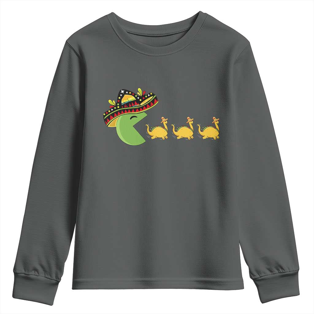 Funny Retro Game Tacosaurus Youth Sweatshirt Cinco De Mayo Taco Lover Gift TS12 Dark Heather Print Your Wear