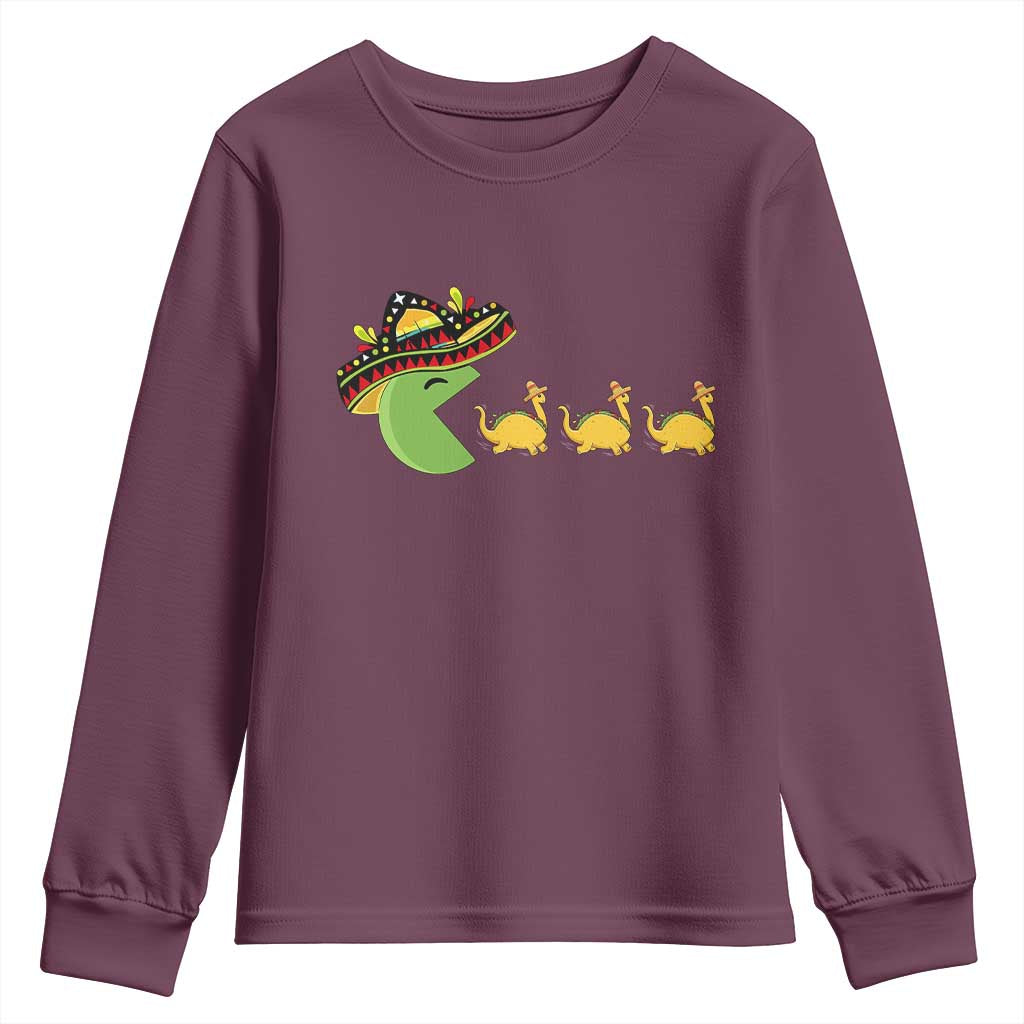 Funny Retro Game Tacosaurus Youth Sweatshirt Cinco De Mayo Taco Lover Gift TS12 Maroon Print Your Wear