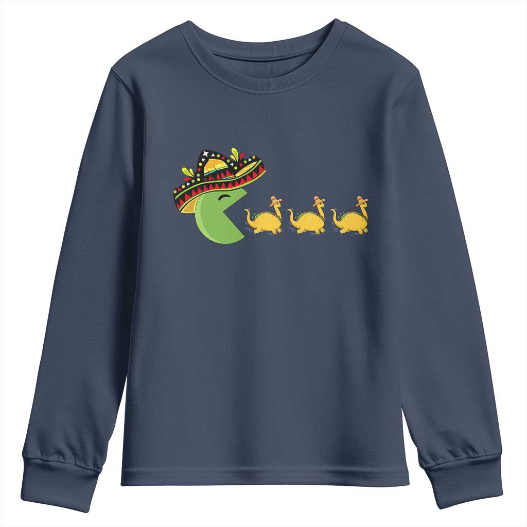 Funny Retro Game Tacosaurus Youth Sweatshirt Cinco De Mayo Taco Lover Gift TS12 Navy Print Your Wear