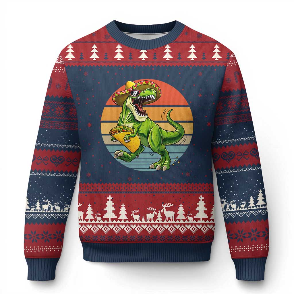 Vintage Dinosaur Taco Lover Ugly Christmas Sweater Cinco De Mayo Gift TS12 Navy Red Print Your Wear