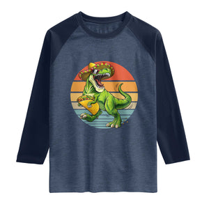 Vintage Dinosaur Taco Lover Raglan Shirt Cinco De Mayo Gift TS12 Heather Denim Navy Print Your Wear