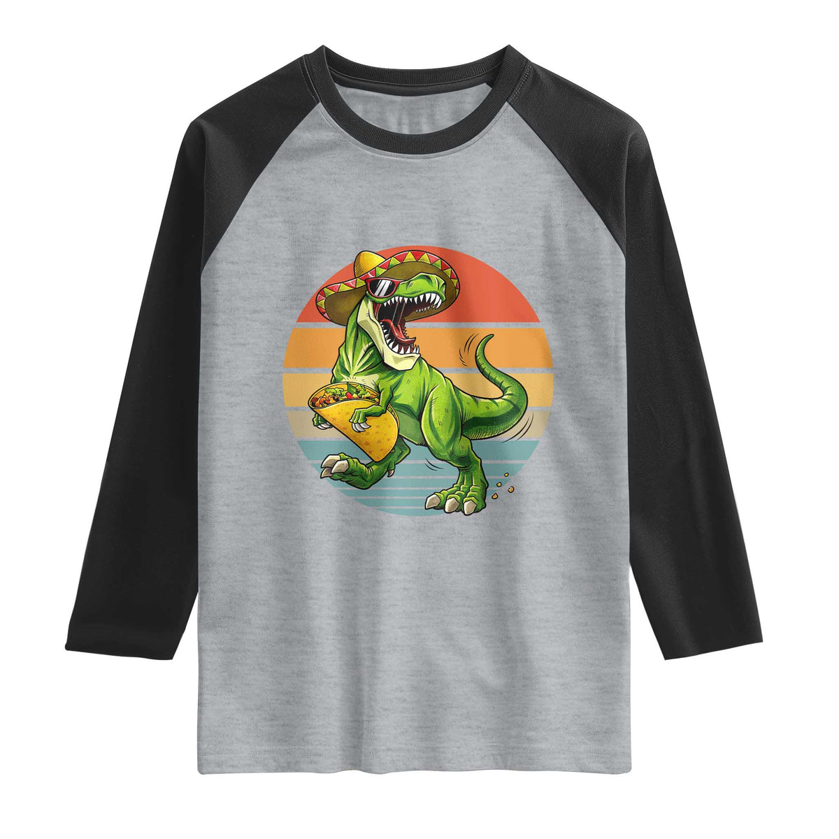 Vintage Dinosaur Taco Lover Raglan Shirt Cinco De Mayo Gift TS12 Heather Gray Black Print Your Wear