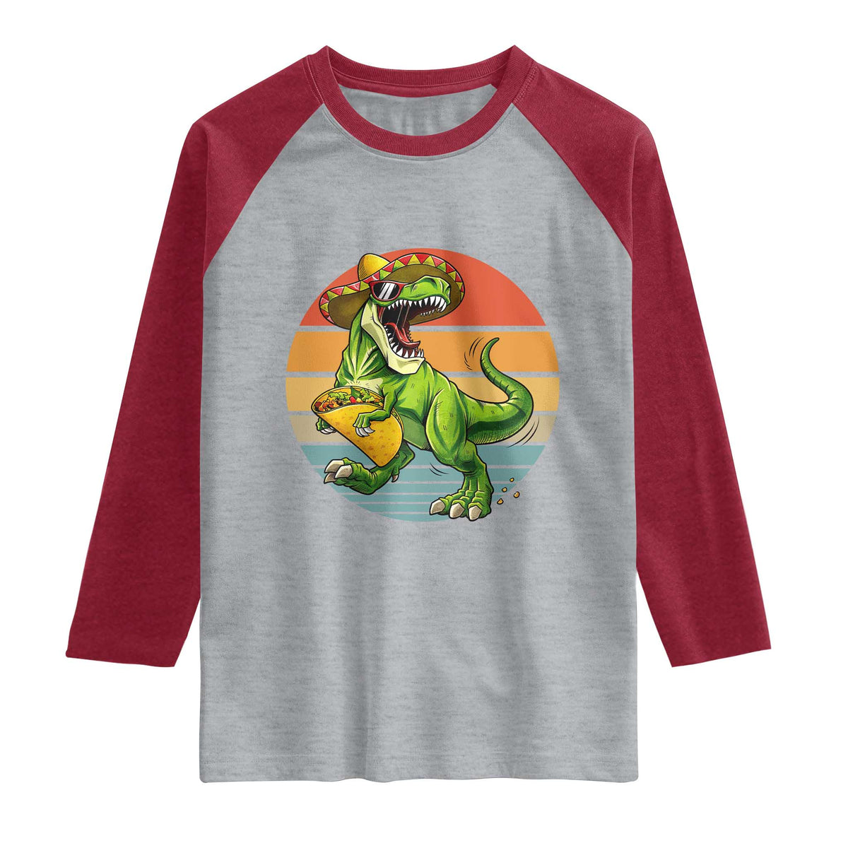 Vintage Dinosaur Taco Lover Raglan Shirt Cinco De Mayo Gift TS12 Heather Gray Heather Red Print Your Wear