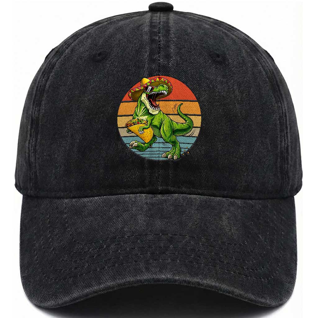 Vintage Dinosaur Taco Lover Washed Cotton Baseball Cap Cinco De Mayo Gift TS12 Print Your Wear