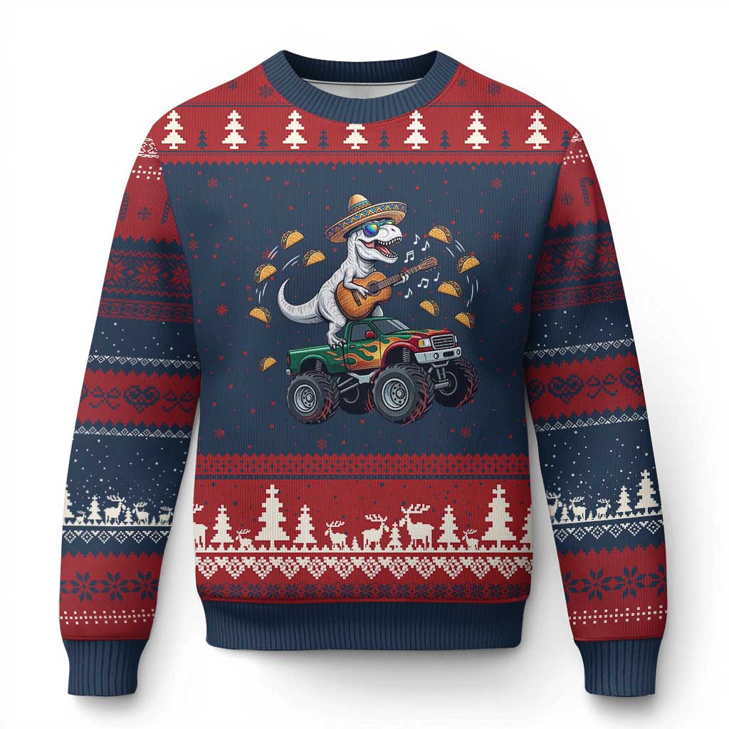 Funny Cinco De Mayo Dinosaur Monster Truck Ugly Christmas Sweater Taco Lover Gift TS12 Navy Red Print Your Wear