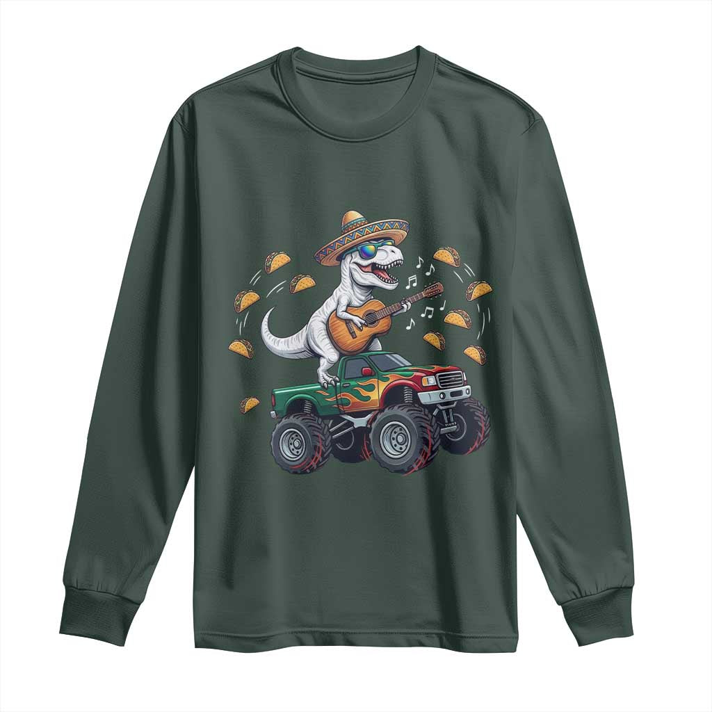 Funny Cinco De Mayo Dinosaur Monster Truck Long Sleeve Shirt Taco Lover Gift TS12 Dark Forest Green Print Your Wear