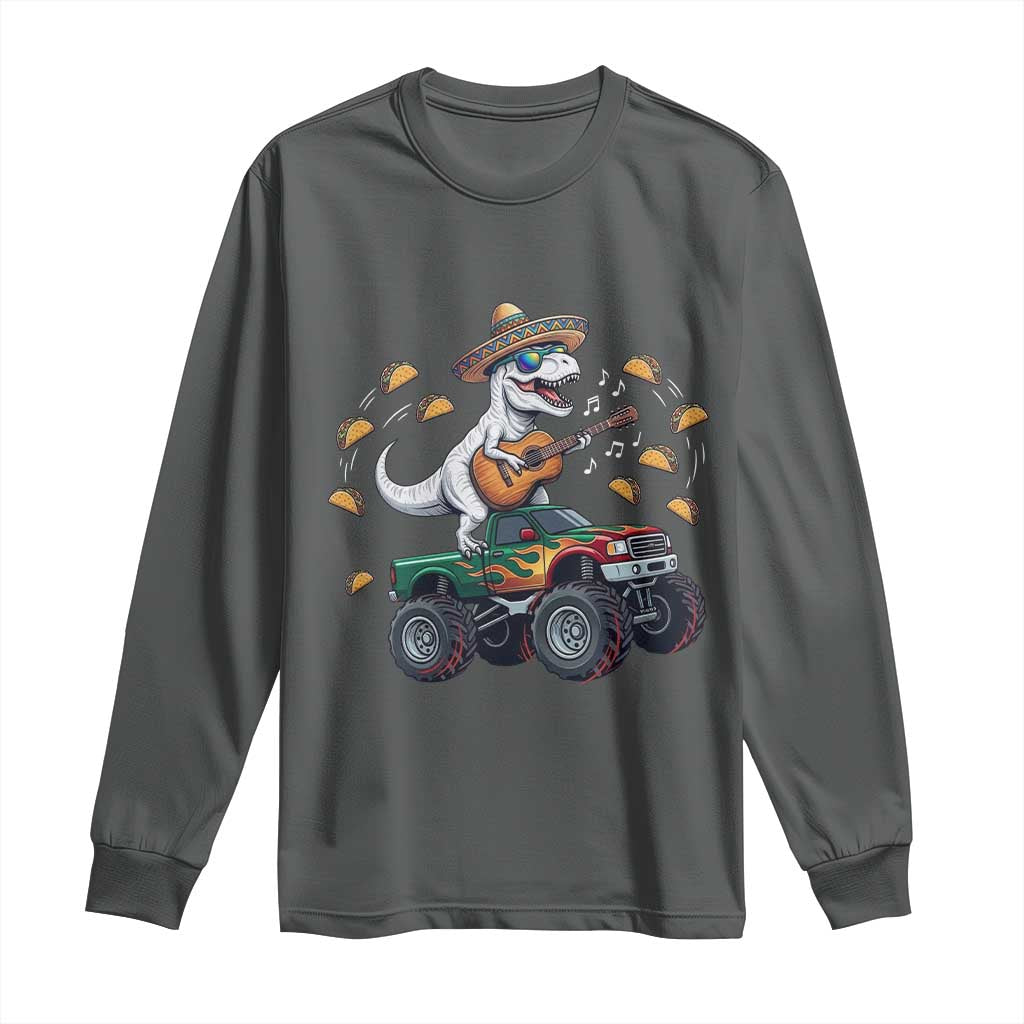 Funny Cinco De Mayo Dinosaur Monster Truck Long Sleeve Shirt Taco Lover Gift TS12 Dark Heather Print Your Wear