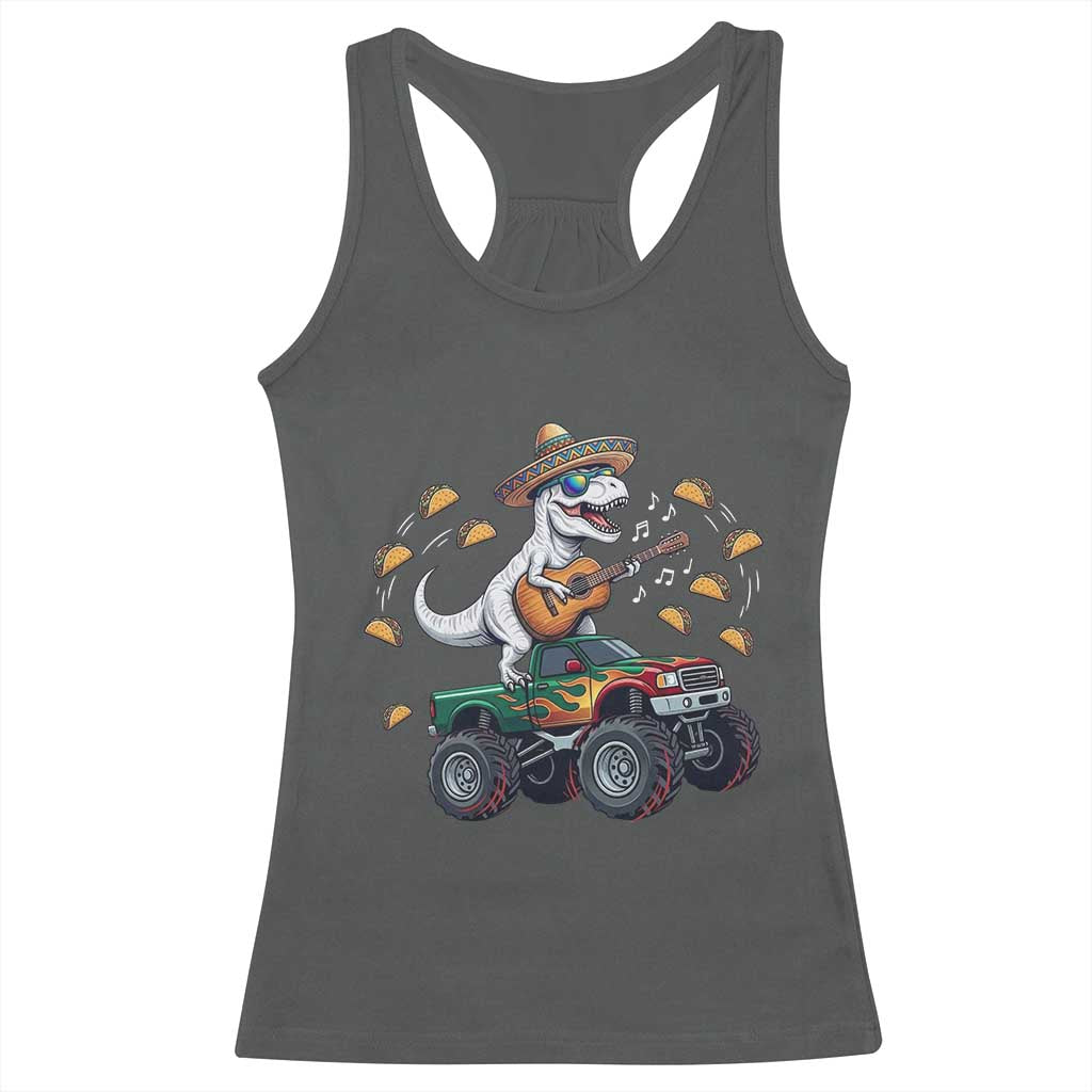 Funny Cinco De Mayo Dinosaur Monster Truck Racerback Tank Top Taco Lover Gift TS12 Dark Heather Print Your Wear