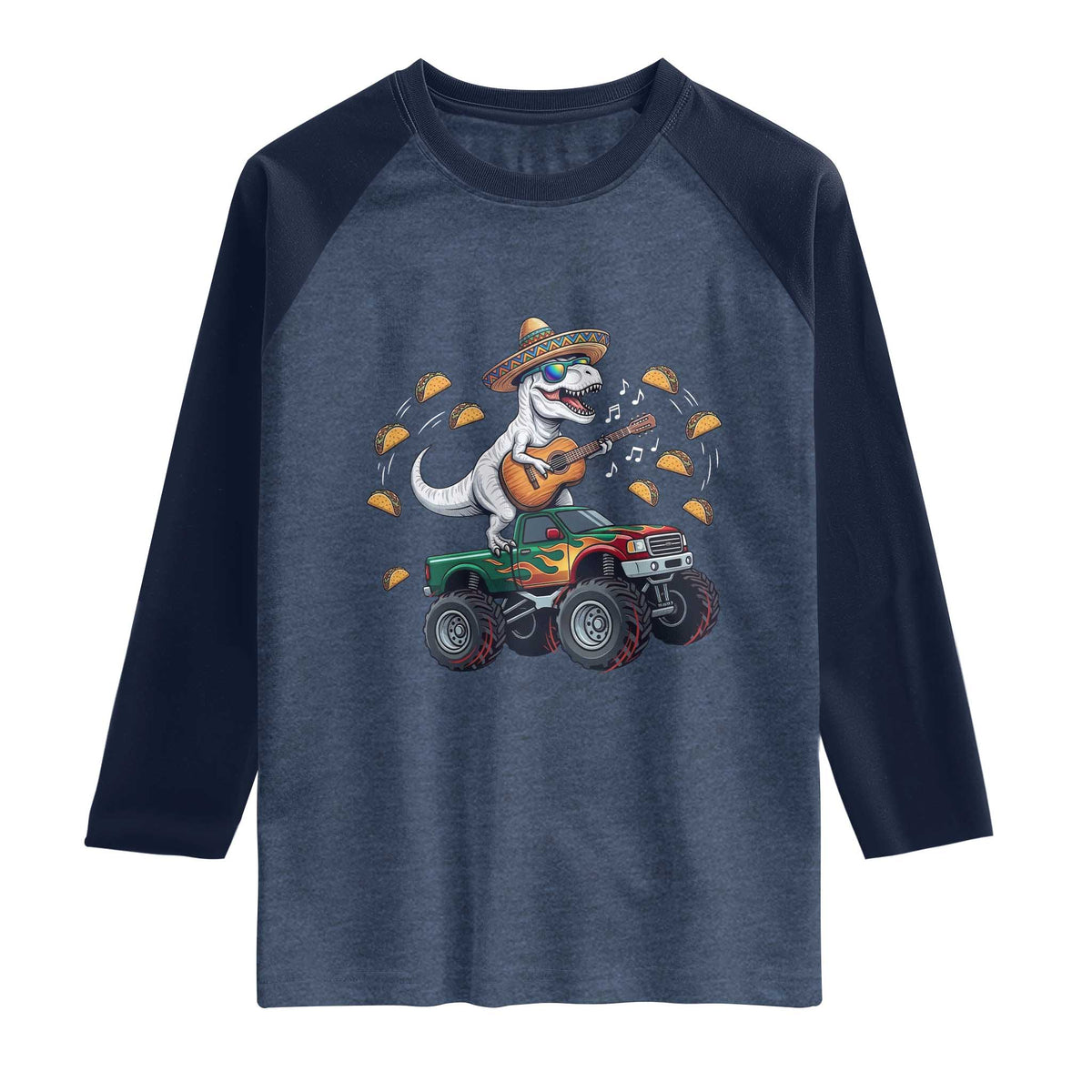 Funny Cinco De Mayo Dinosaur Monster Truck Raglan Shirt Taco Lover Gift TS12 Heather Denim Navy Print Your Wear