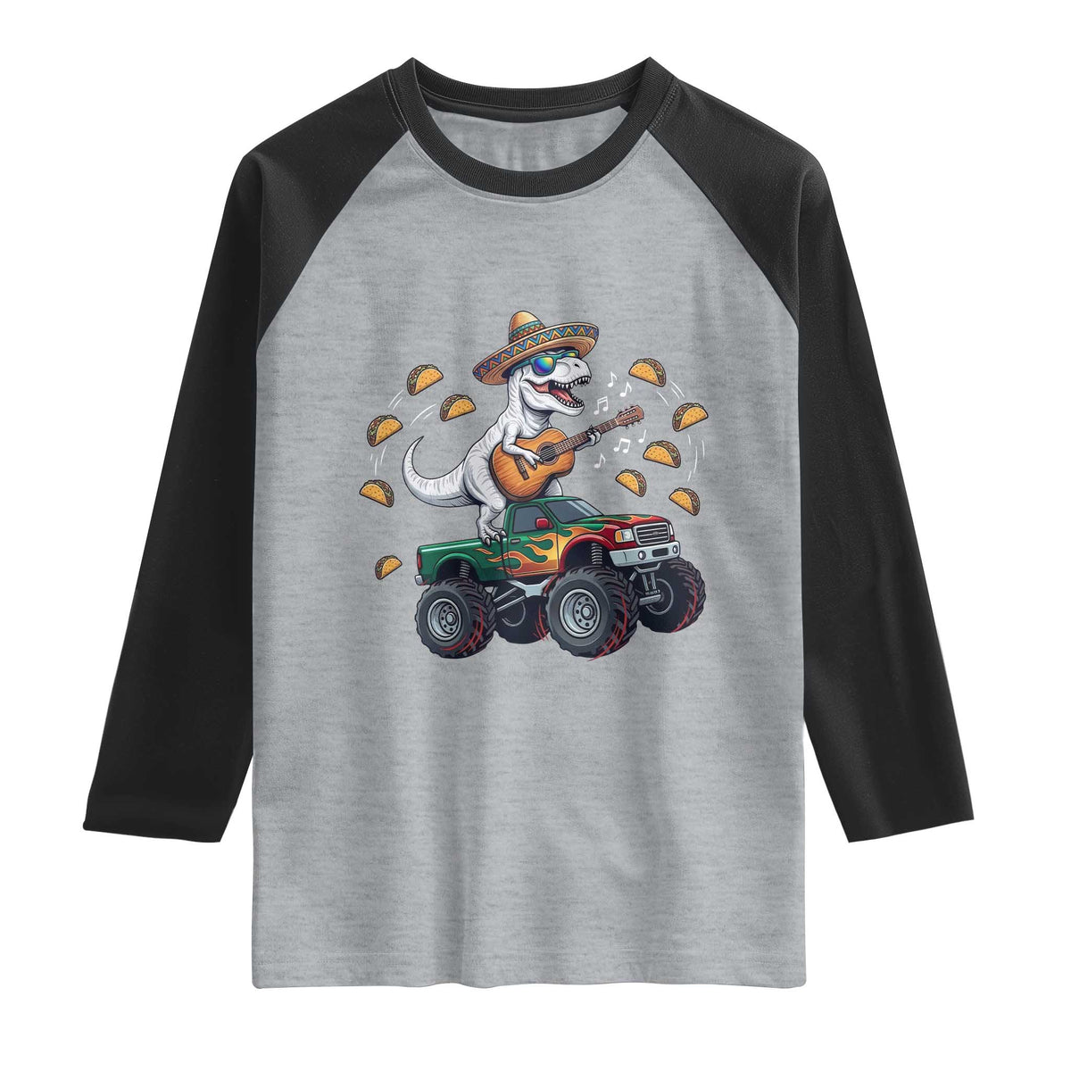 Funny Cinco De Mayo Dinosaur Monster Truck Raglan Shirt Taco Lover Gift TS12 Heather Gray Black Print Your Wear