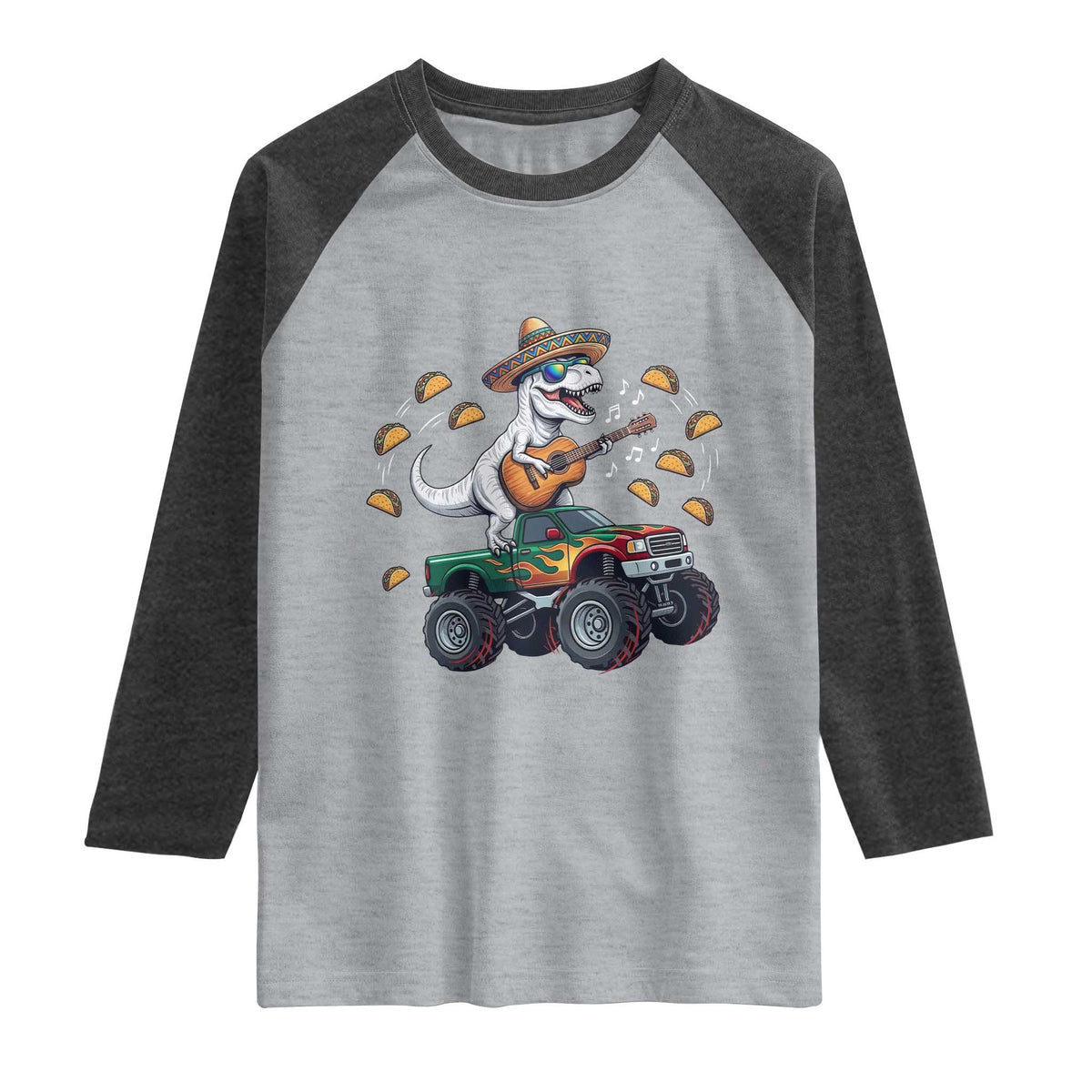 Funny Cinco De Mayo Dinosaur Monster Truck Raglan Shirt Taco Lover Gift TS12 Heather Gray Heather Charcoal Print Your Wear