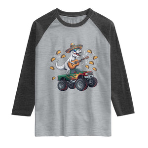 Funny Cinco De Mayo Dinosaur Monster Truck Raglan Shirt Taco Lover Gift TS12 Heather Gray Heather Charcoal Print Your Wear