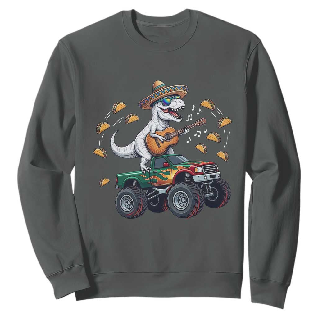 Funny Cinco De Mayo Dinosaur Monster Truck Sweatshirt Taco Lover Gift TS12 Dark Heather Print Your Wear