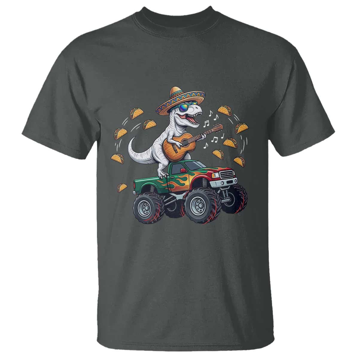 Funny Cinco De Mayo Dinosaur Monster Truck T Shirt Taco Lover Gift TS12 Dark Heather Print Your Wear