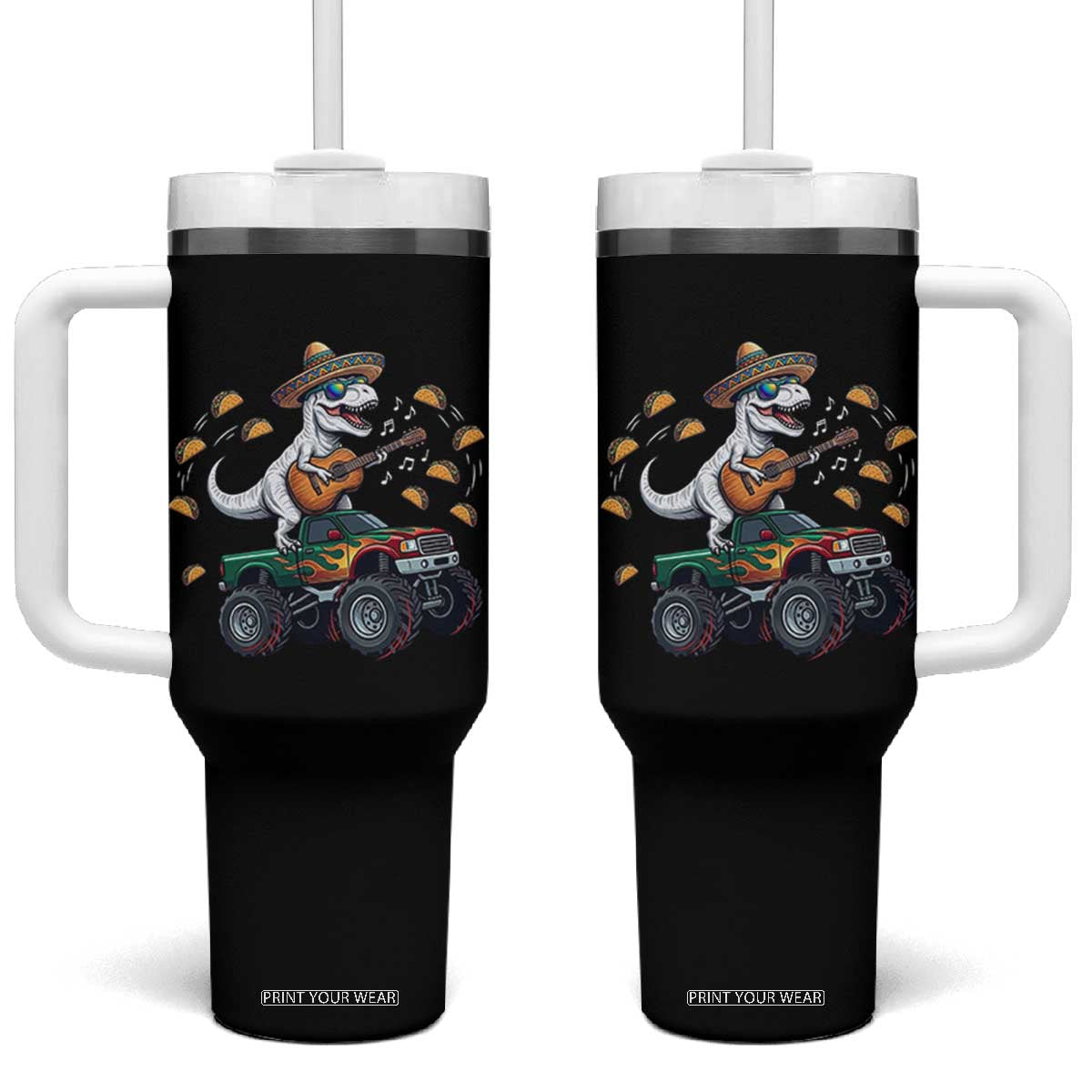 Funny Cinco De Mayo Dinosaur Monster Truck Tumbler With Handle Taco Lover Gift TS12 One Size: 40 oz Black Print Your Wear