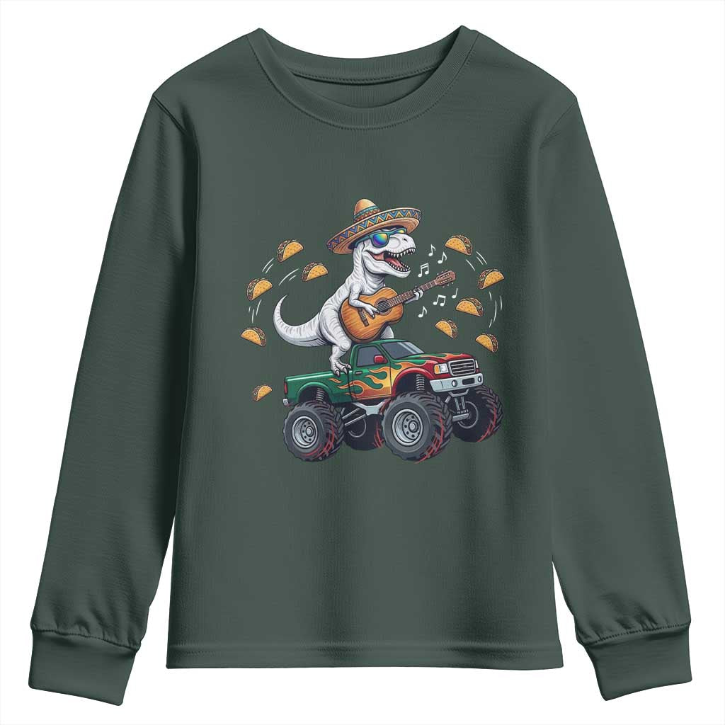Funny Cinco De Mayo Dinosaur Monster Truck Youth Sweatshirt Taco Lover Gift TS12 Dark Forest Green Print Your Wear