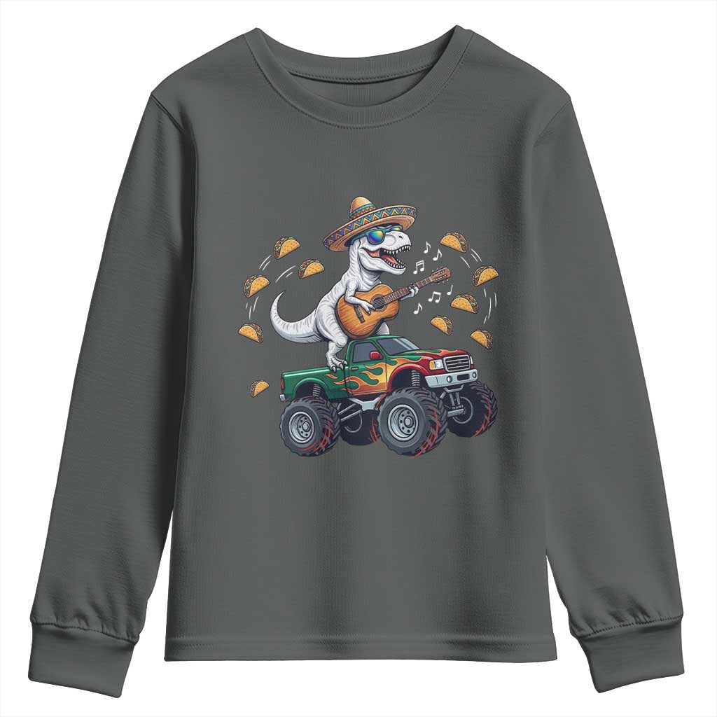 Funny Cinco De Mayo Dinosaur Monster Truck Youth Sweatshirt Taco Lover Gift TS12 Dark Heather Print Your Wear