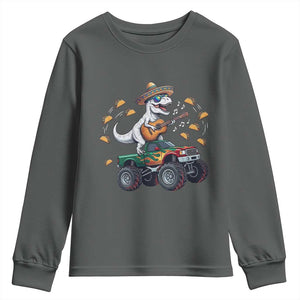 Funny Cinco De Mayo Dinosaur Monster Truck Youth Sweatshirt Taco Lover Gift TS12 Dark Heather Print Your Wear