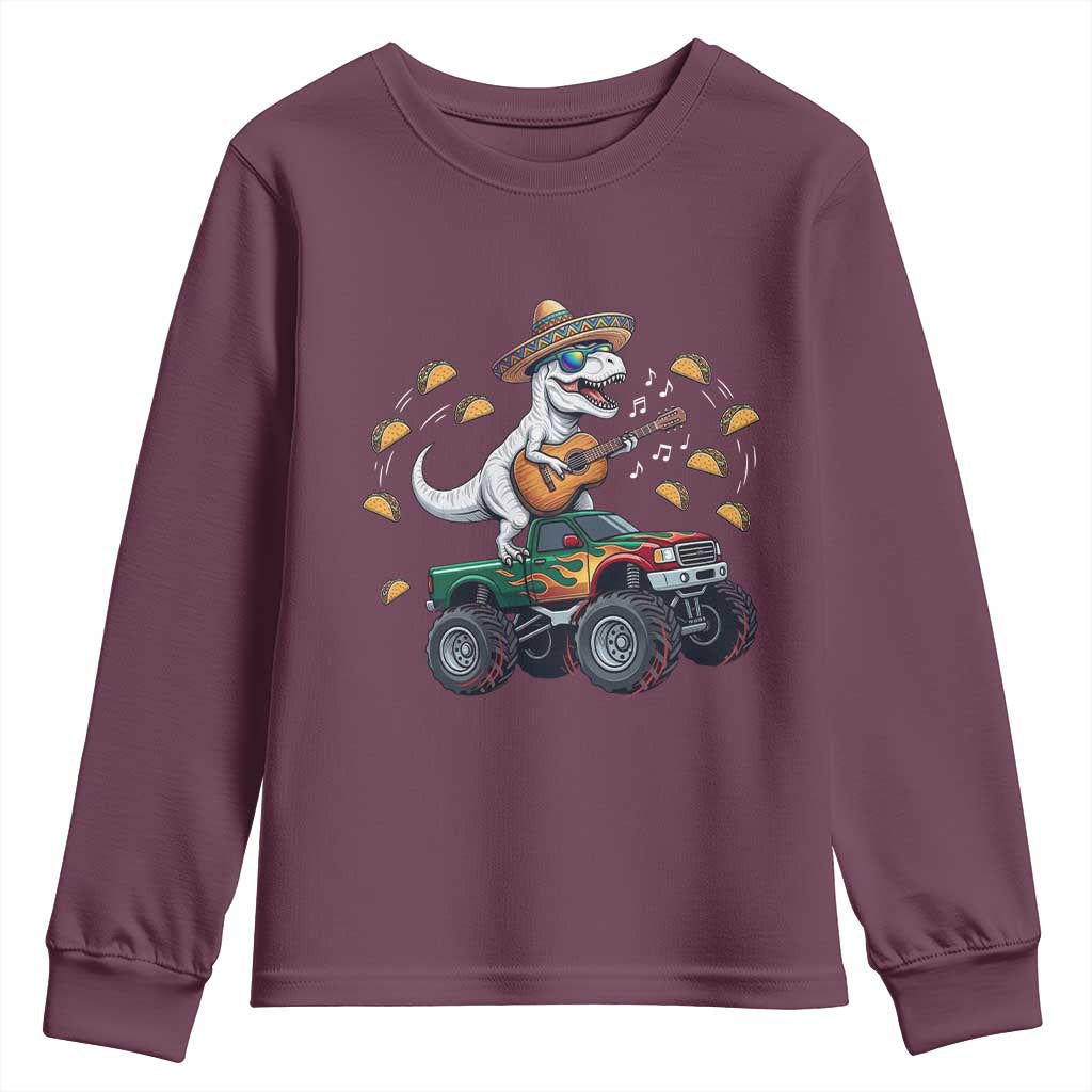 Funny Cinco De Mayo Dinosaur Monster Truck Youth Sweatshirt Taco Lover Gift TS12 Maroon Print Your Wear