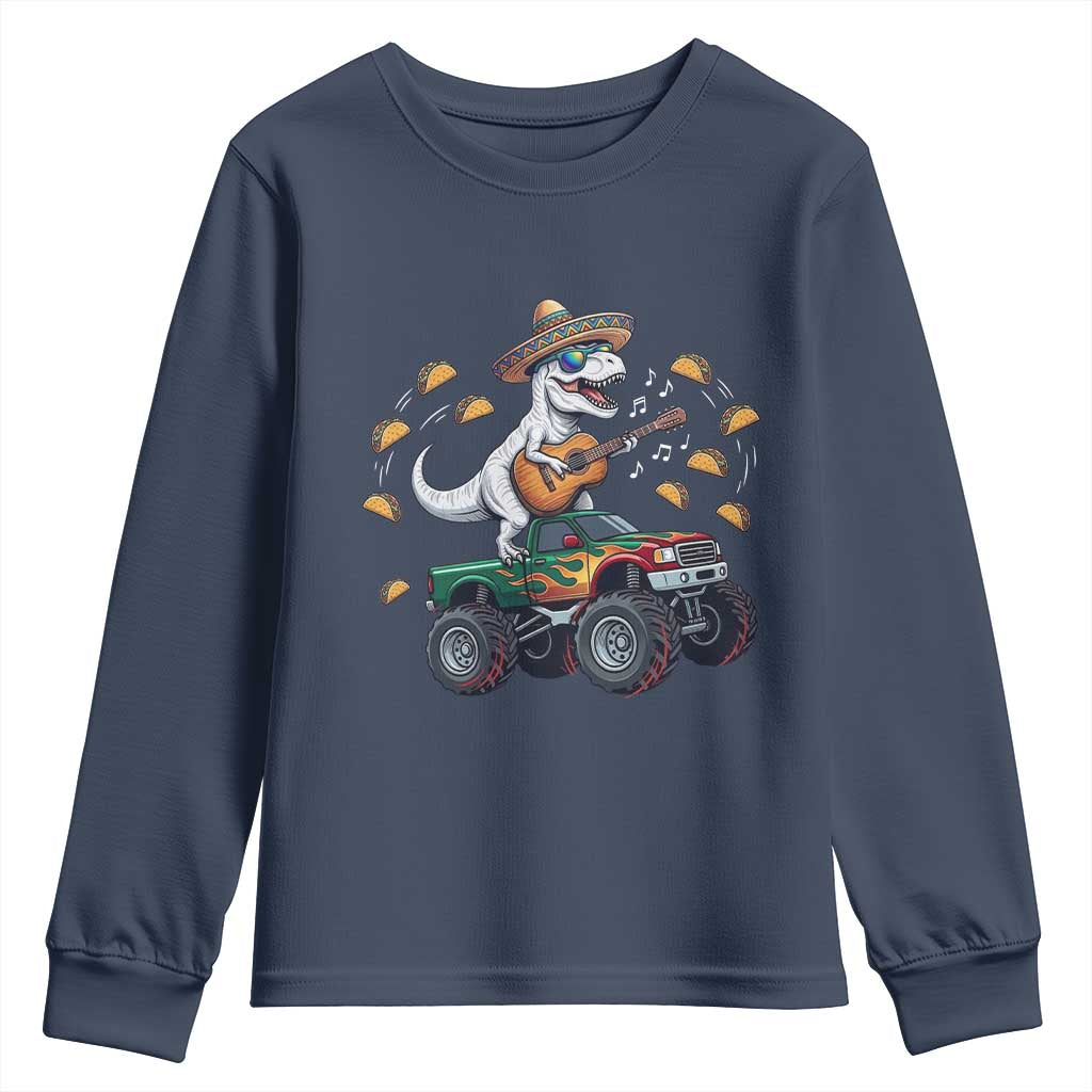 Funny Cinco De Mayo Dinosaur Monster Truck Youth Sweatshirt Taco Lover Gift TS12 Navy Print Your Wear