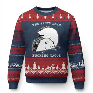 Funny Taco Joke Adult Humor Gift Ugly Christmas Sweater Who Wants Fucking Tacos TS12 Navy Red Print Your Wear