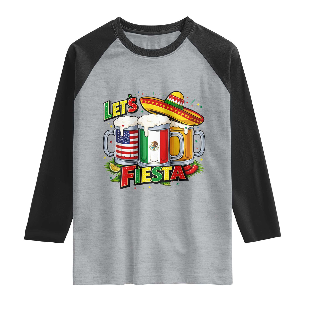 Funny Beer Drinking Cinco De Mayo Party Gift Raglan Shirt Lets Fiesta TS12 Heather Gray Black Print Your Wear