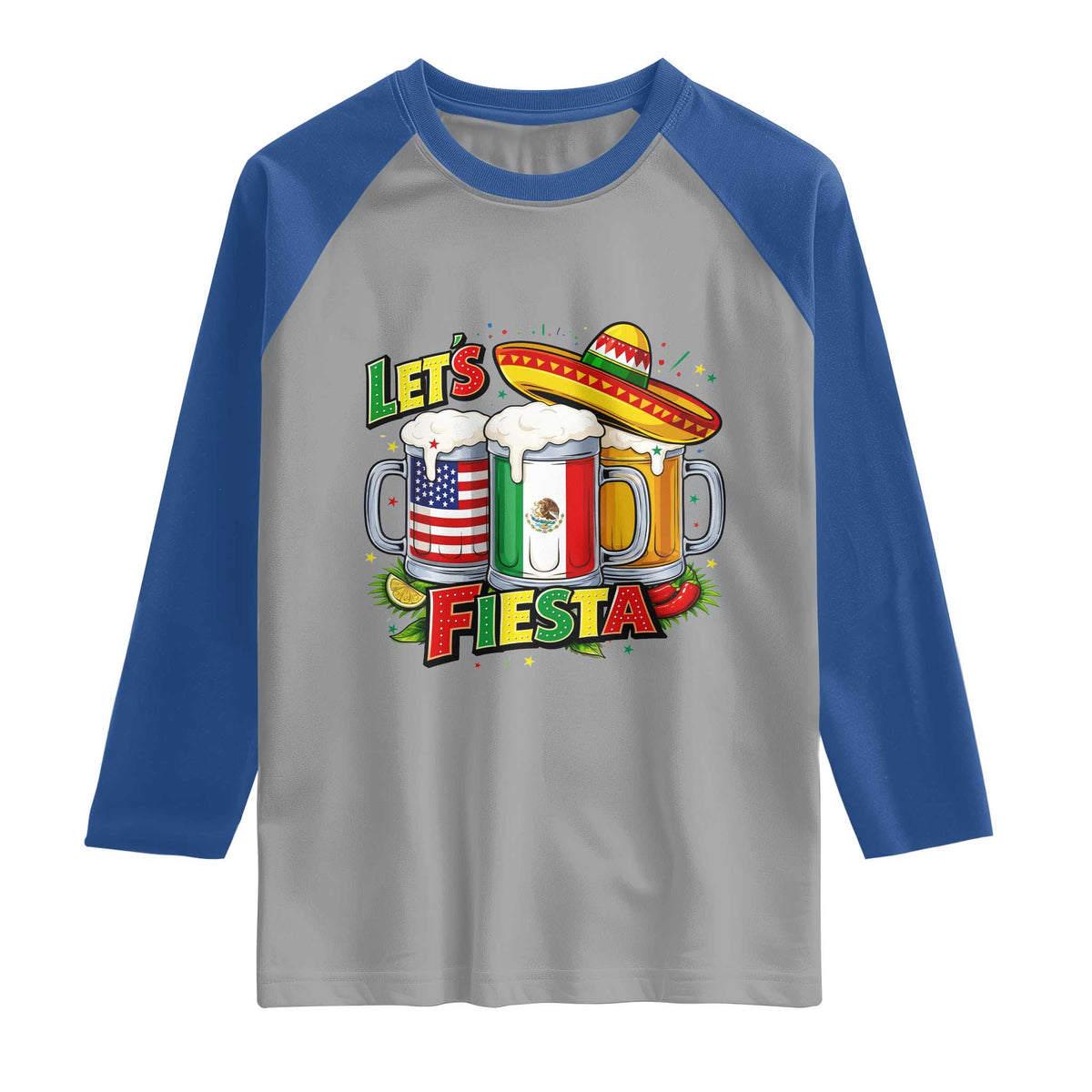 Funny Beer Drinking Cinco De Mayo Party Gift Raglan Shirt Lets Fiesta TS12 Sport Gray Royal Print Your Wear
