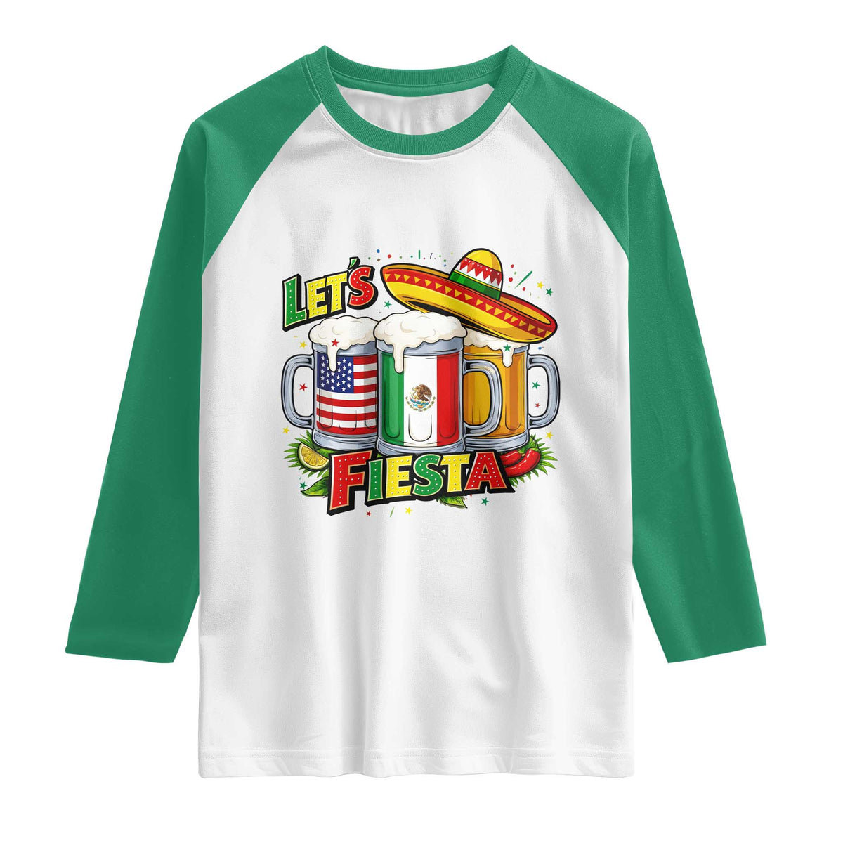 Funny Beer Drinking Cinco De Mayo Party Gift Raglan Shirt Lets Fiesta TS12 White Kelly Green Print Your Wear