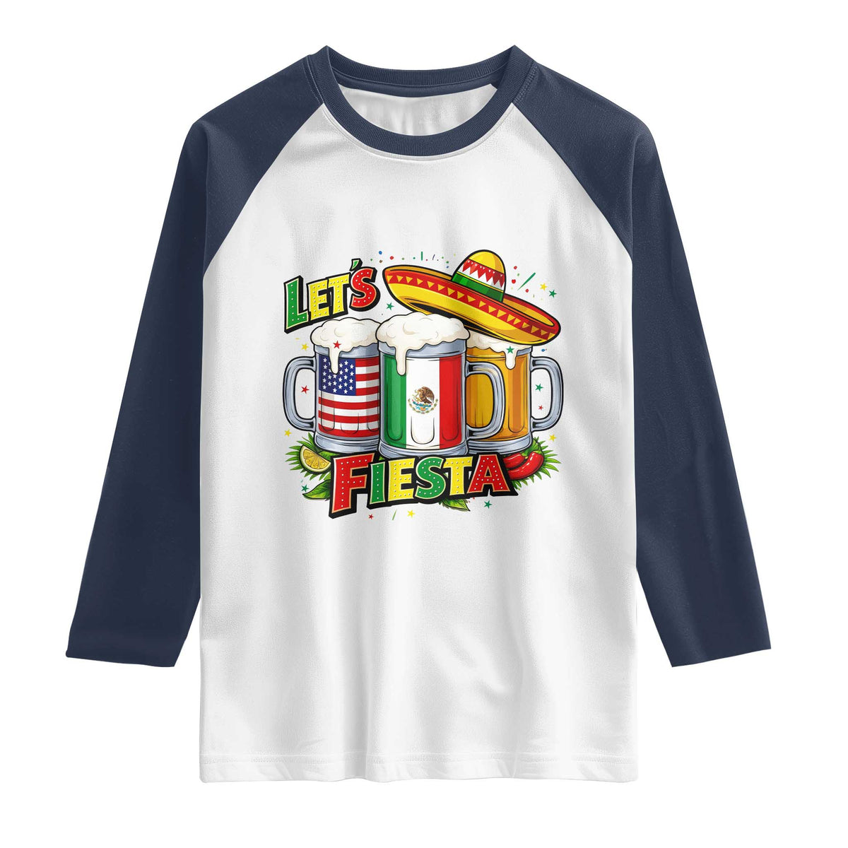 Funny Beer Drinking Cinco De Mayo Party Gift Raglan Shirt Lets Fiesta TS12 White Navy Print Your Wear