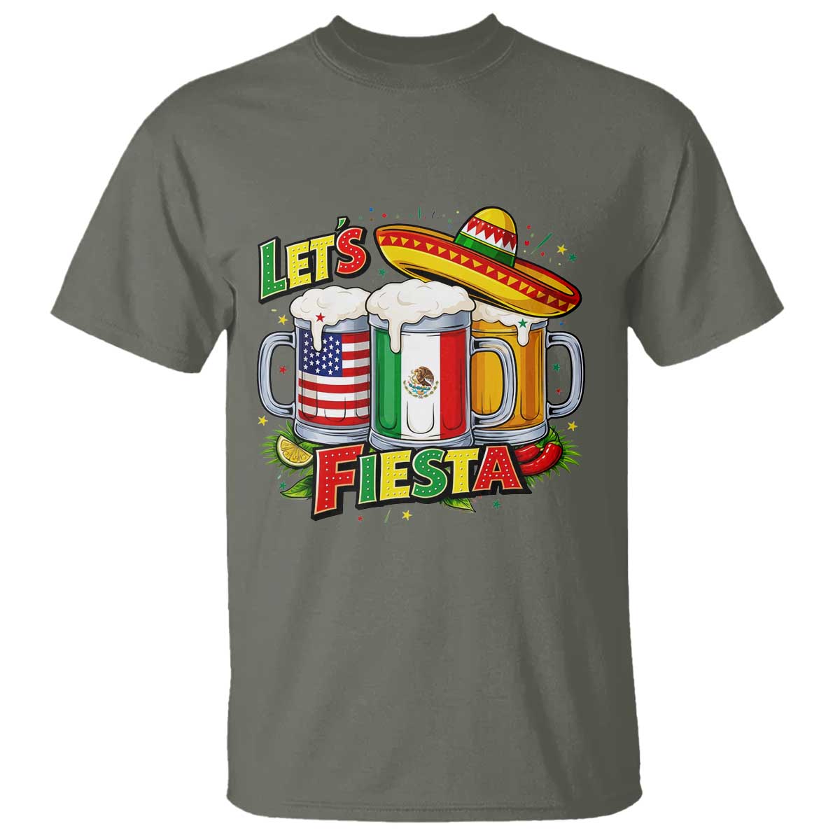 Funny Beer Drinking Cinco De Mayo Party Gift T Shirt Lets Fiesta TS12 Military Green Print Your Wear