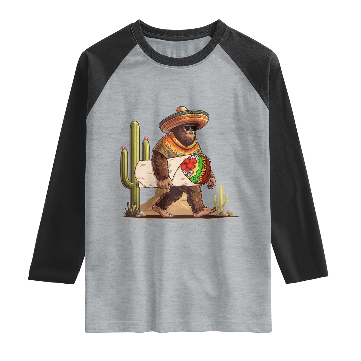 Funny Cinco De Mayo Bigfoot Burrito Lover Gift Raglan Shirt TS12 Heather Gray Black Print Your Wear
