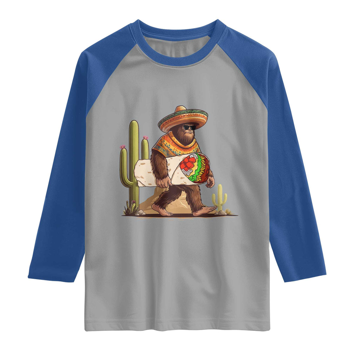 Funny Cinco De Mayo Bigfoot Burrito Lover Gift Raglan Shirt TS12 Sport Gray Royal Print Your Wear