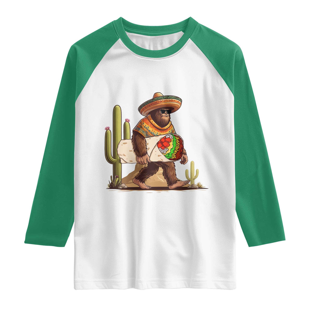 Funny Cinco De Mayo Bigfoot Burrito Lover Gift Raglan Shirt TS12 White Kelly Green Print Your Wear