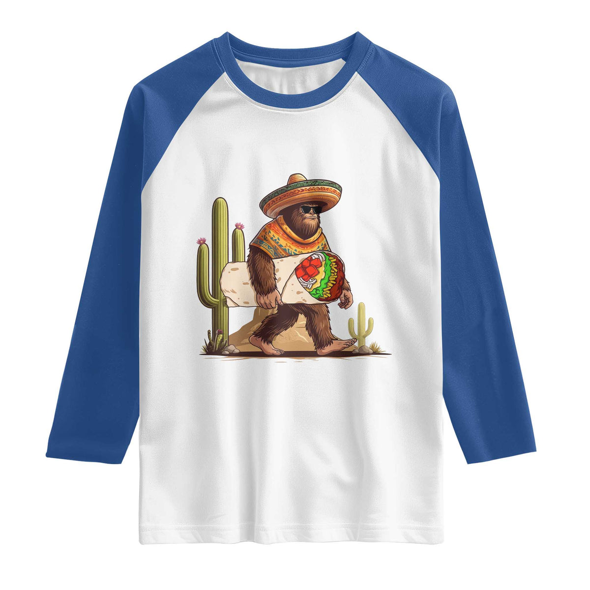 Funny Cinco De Mayo Bigfoot Burrito Lover Gift Raglan Shirt TS12 White Royal Print Your Wear