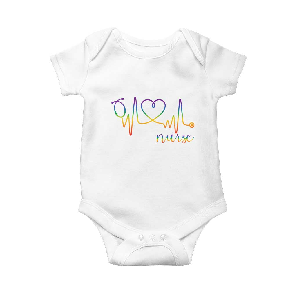 Nurse Heartbeat Rainbow Heart LGBTQ Pride Baby Onesie Medical Professional Support