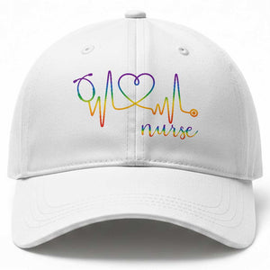 Nurse Heartbeat Rainbow Heart LGBTQ Pride Baseball Cap Medical Professional Support