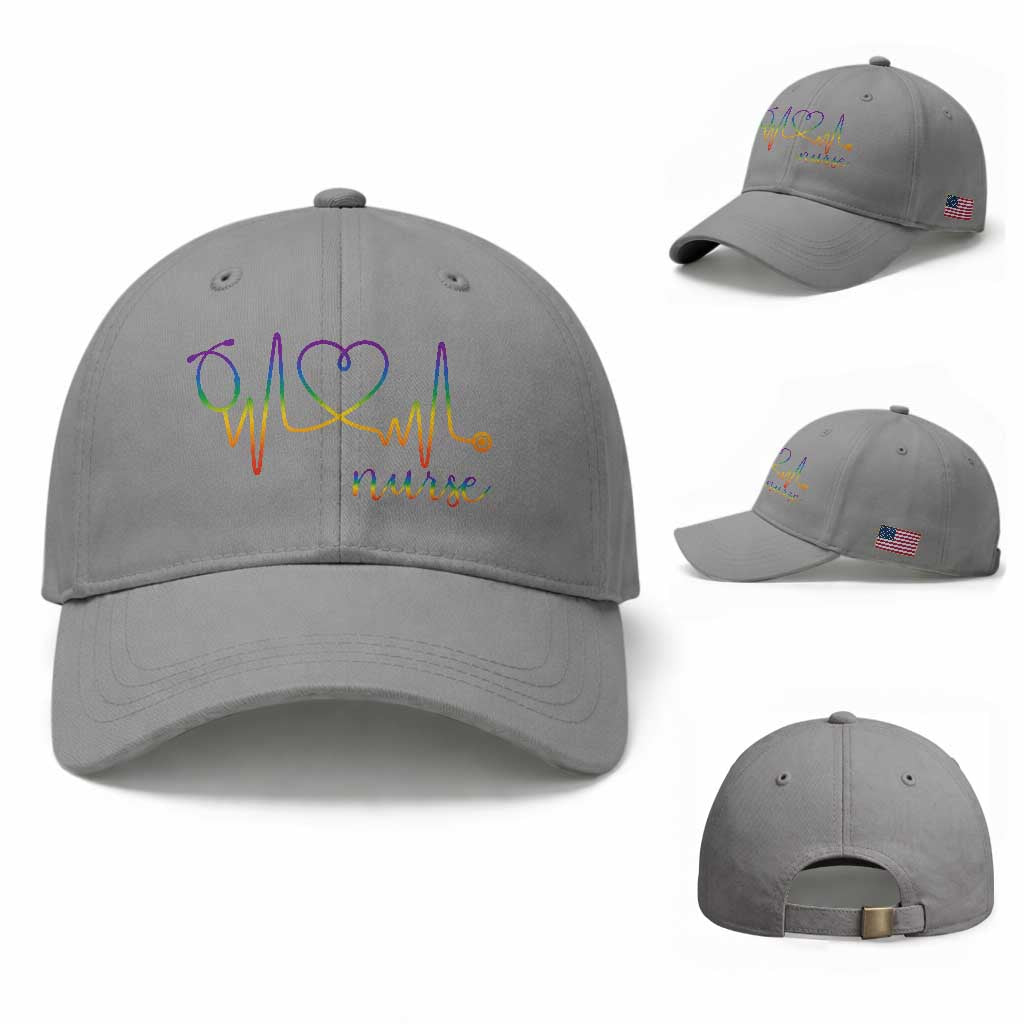 Nurse Heartbeat Rainbow Heart LGBTQ Pride Baseball Cap Medical Professional Support