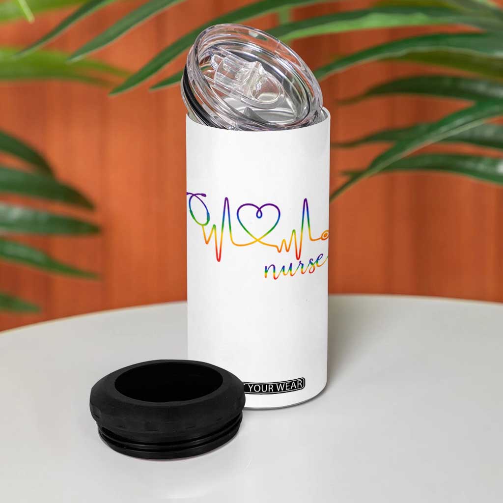 Nurse Heartbeat Rainbow Heart LGBTQ Pride 4 in 1 Can Cooler Tumbler Medical Professional Support TS12 Print Your Wear