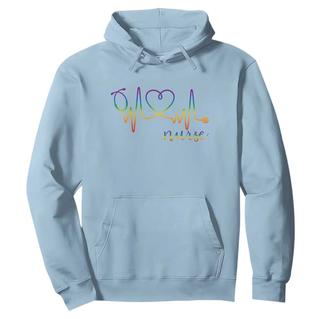 Nurse Heartbeat Rainbow Heart LGBTQ Pride Hoodie Medical Professional Support TS12 Light Blue Print Your Wear