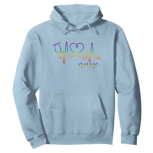 Nurse Heartbeat Rainbow Heart LGBTQ Pride Hoodie Medical Professional Support TS12 Light Blue Print Your Wear
