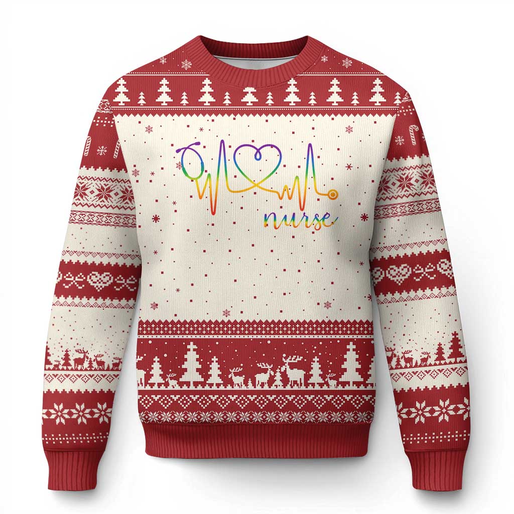 Nurse Heartbeat Rainbow Heart LGBTQ Pride Ugly Christmas Sweater Medical Professional Support TS12 Beige Red Print Your Wear
