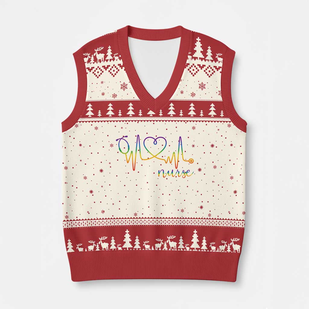Nurse Heartbeat Rainbow Heart LGBTQ Pride V-Neck Knit Sweater Vest Medical Professional Support