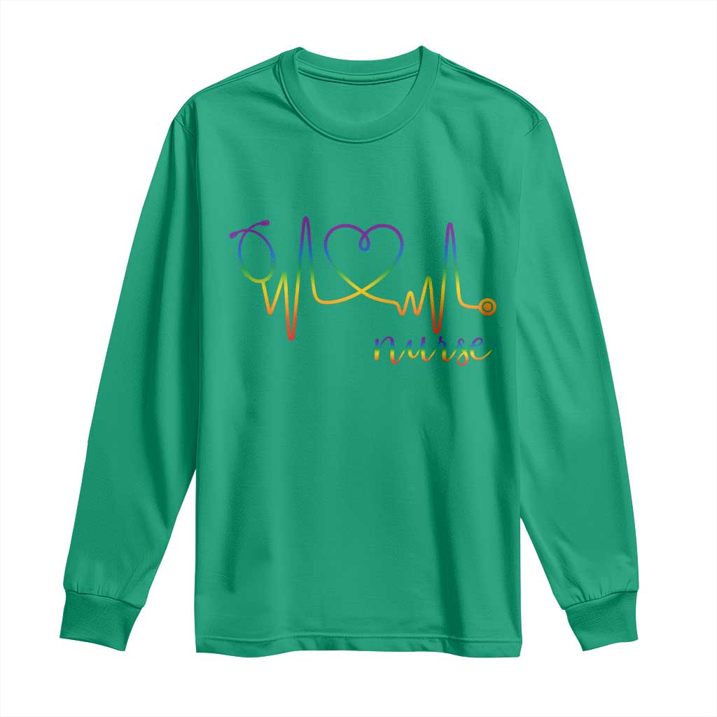 Nurse Heartbeat Rainbow Heart LGBTQ Pride Long Sleeve Shirt Medical Professional Support TS12 Irish Green Print Your Wear