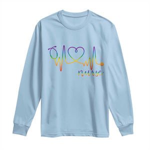 Nurse Heartbeat Rainbow Heart LGBTQ Pride Long Sleeve Shirt Medical Professional Support TS12 Light Blue Print Your Wear