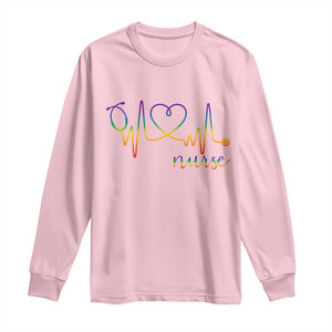 Nurse Heartbeat Rainbow Heart LGBTQ Pride Long Sleeve Shirt Medical Professional Support TS12 Light Pink Print Your Wear