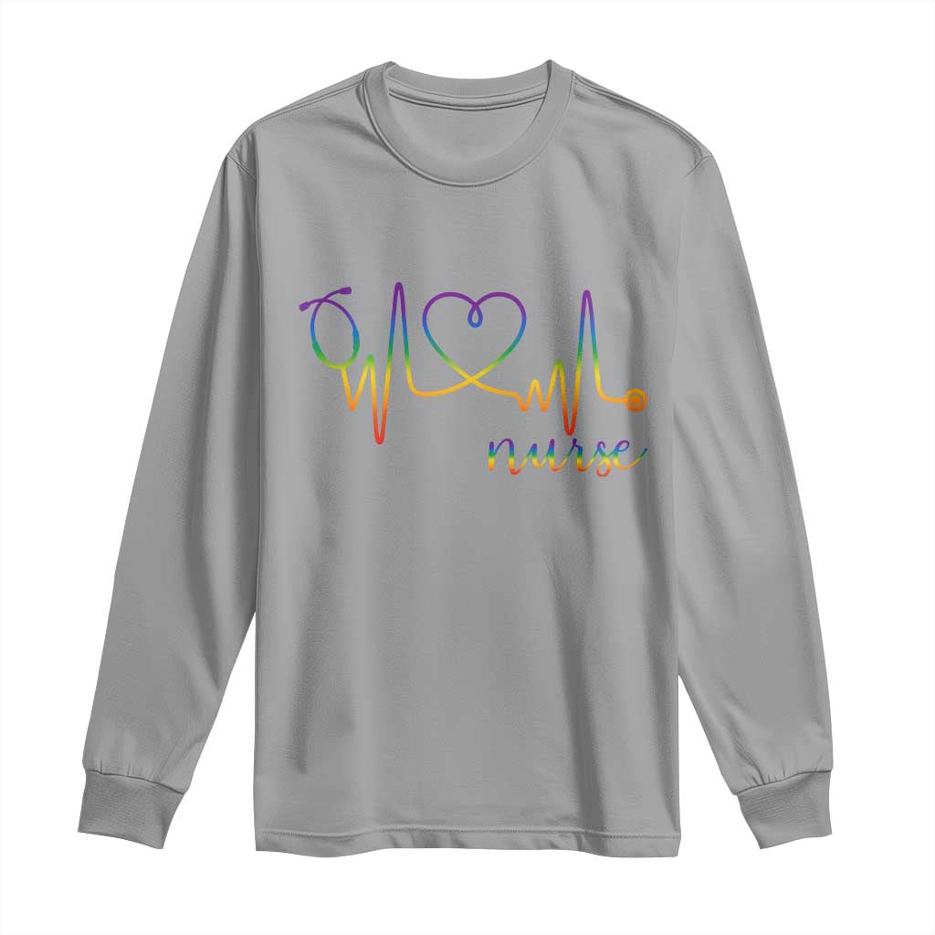 Nurse Heartbeat Rainbow Heart LGBTQ Pride Long Sleeve Shirt Medical Professional Support TS12 Sport Gray Print Your Wear