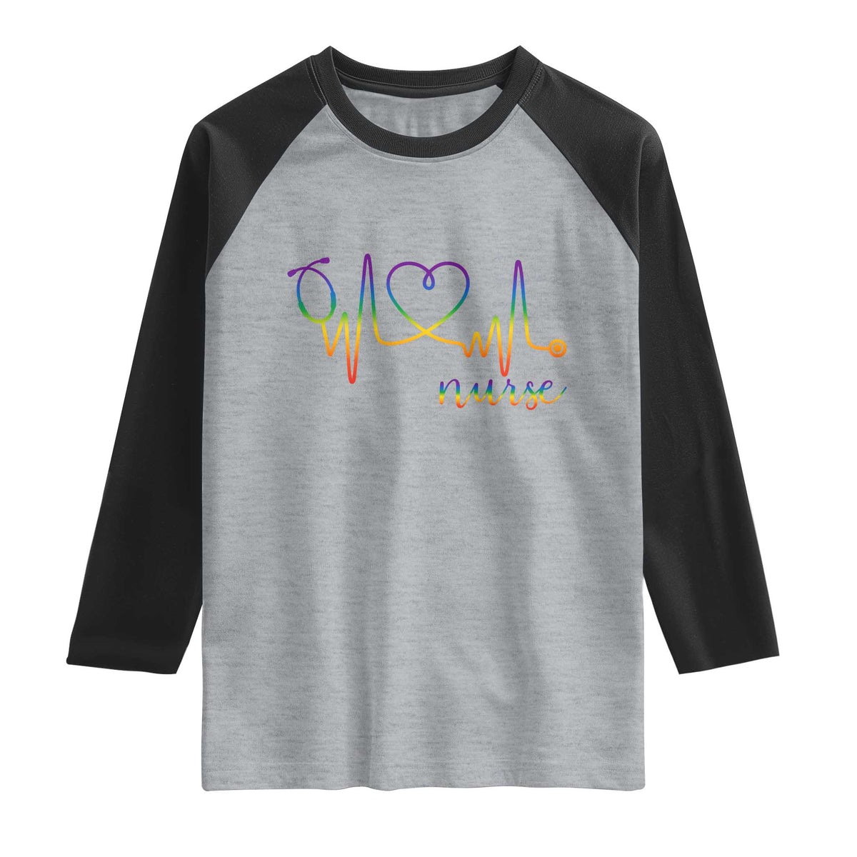 Nurse Heartbeat Rainbow Heart LGBTQ Pride Raglan Shirt Medical Professional Support TS12 Heather Gray Black Print Your Wear