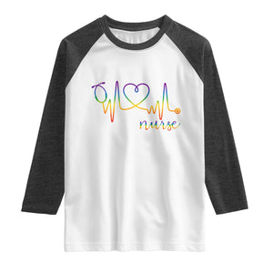 Nurse Heartbeat Rainbow Heart LGBTQ Pride Raglan Shirt Medical Professional Support TS12 White Heather Charcoal Print Your Wear